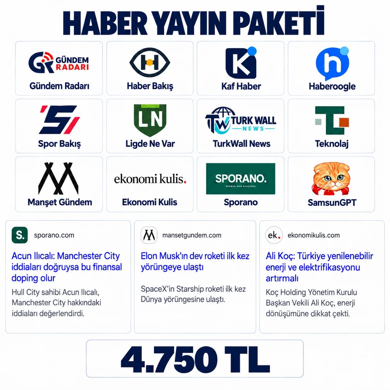 Haber Yayın Paketi: 12 yayın sitesi ve 4.750 TL paket fiyatı