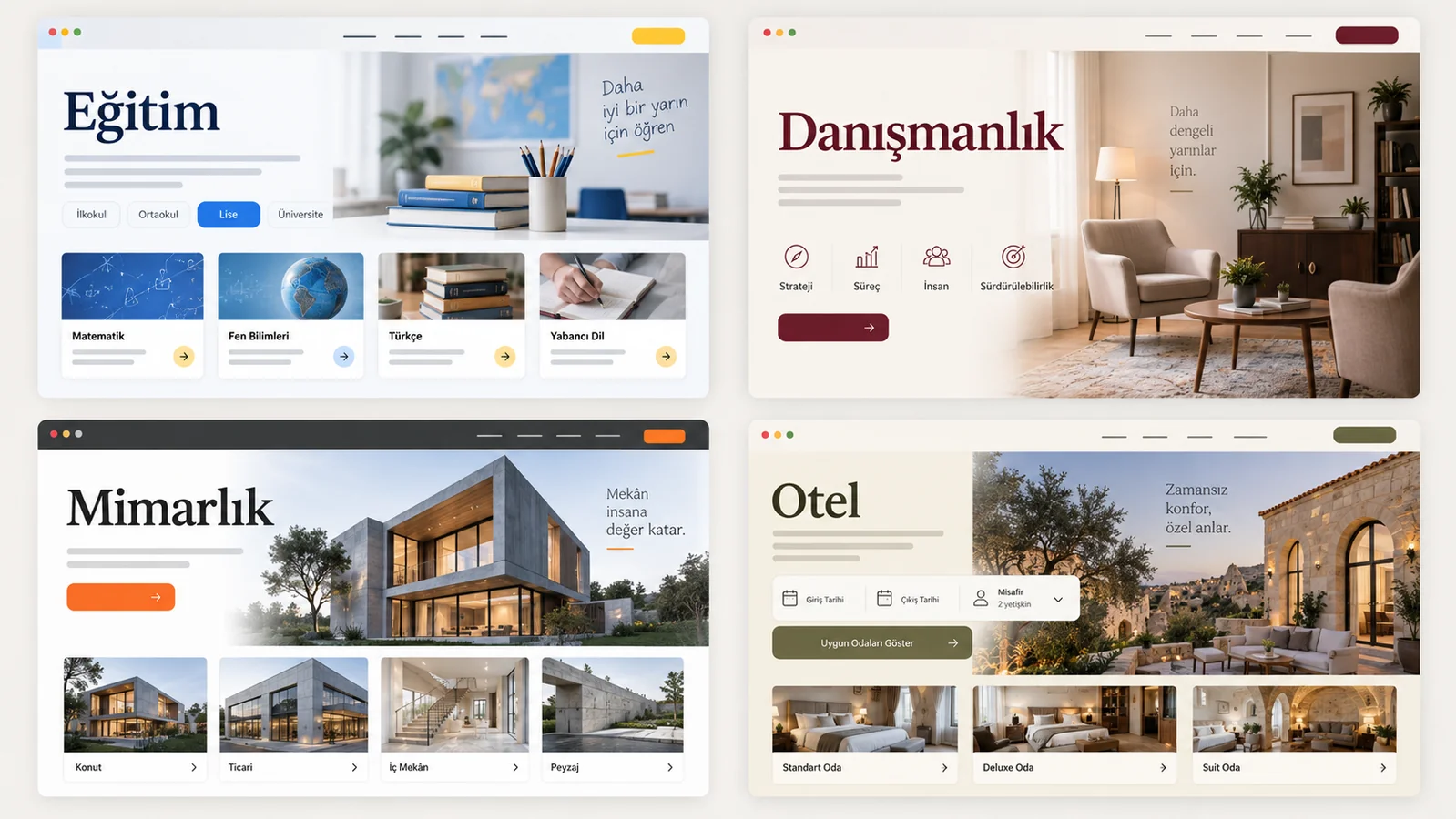 Eğitim, danışmanlık, mimarlık ve otel sektörlerini temsil eden dört farklı web arayüzü